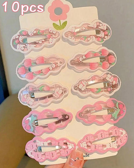 Cute Print Snap Hair Clips Set (10 Pcs) – Bunny, Tulip & Floral Print Hairpins for Girls | Kids Hair Accessory Set (VT-56)