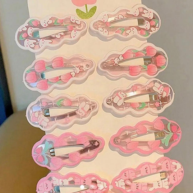 Cute Print Snap Hair Clips Set (10 Pcs) – Bunny, Tulip & Floral Print Hairpins for Girls | Kids Hair Accessory Set (VT-56)