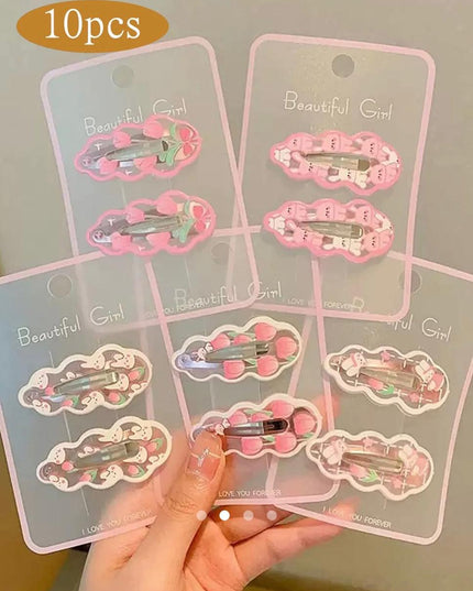 Cute Print Snap Hair Clips Set (10 Pcs) – Bunny, Tulip & Floral Print Hairpins for Girls | Kids Hair Accessory Set (VT-56)