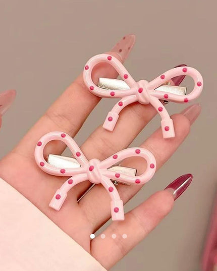 Polka Dot Bow Hair Clips (Set of 2) – Pink Resin Ribbon Bow Snap Clips | Coquette Aesthetic Hair Accessory (VT-57)