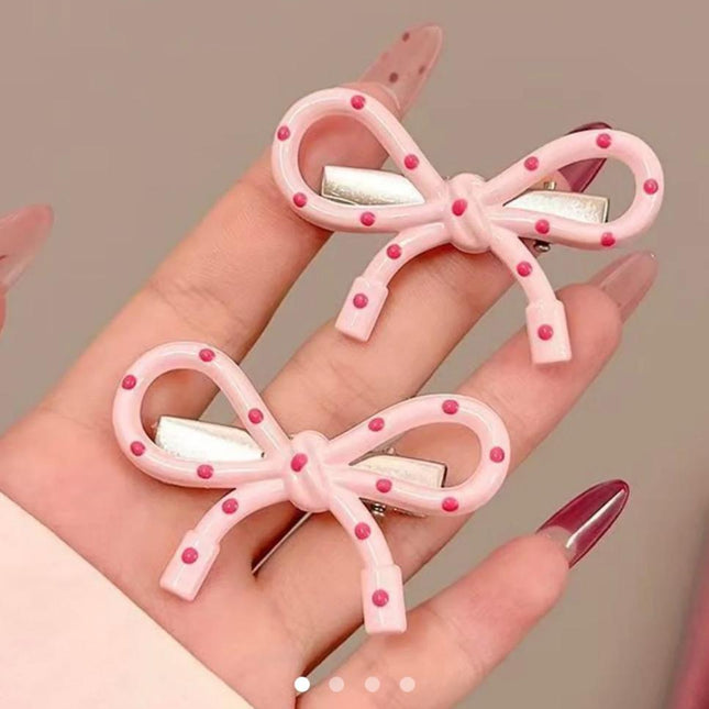 Polka Dot Bow Hair Clips (Set of 2) – Pink Resin Ribbon Bow Snap Clips | Coquette Aesthetic Hair Accessory (VT-57)