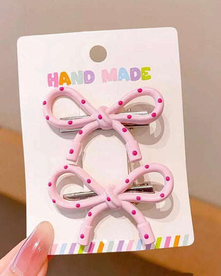 Polka Dot Bow Hair Clips (Set of 2) – Pink Resin Ribbon Bow Snap Clips | Coquette Aesthetic Hair Accessory (VT-57)