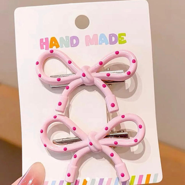 Polka Dot Bow Hair Clips (Set of 2) – Pink Resin Ribbon Bow Snap Clips | Coquette Aesthetic Hair Accessory (VT-57)