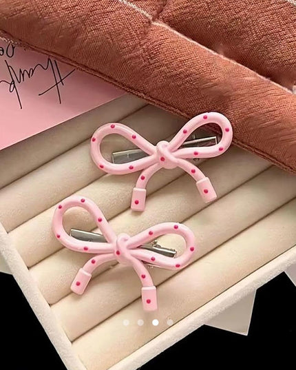 Polka Dot Bow Hair Clips (Set of 2) – Pink Resin Ribbon Bow Snap Clips | Coquette Aesthetic Hair Accessory (VT-57)