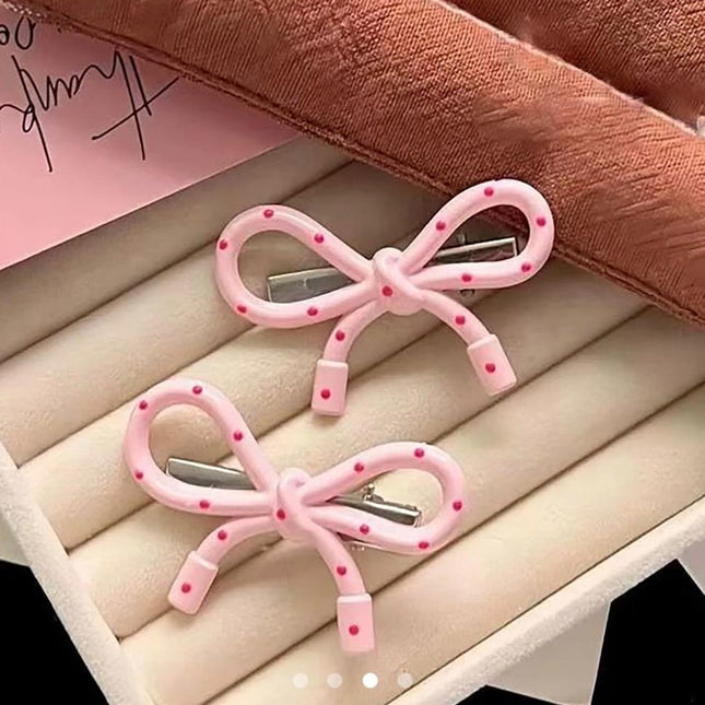 Polka Dot Bow Hair Clips (Set of 2) – Pink Resin Ribbon Bow Snap Clips | Coquette Aesthetic Hair Accessory (VT-57)