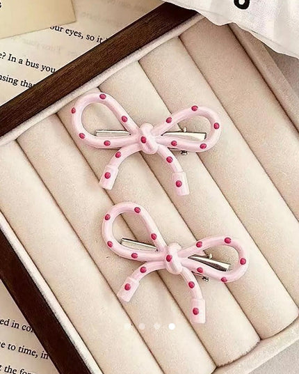 Polka Dot Bow Hair Clips (Set of 2) – Pink Resin Ribbon Bow Snap Clips | Coquette Aesthetic Hair Accessory (VT-57)