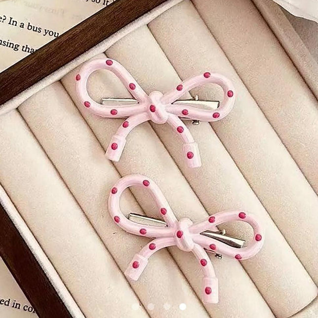 Polka Dot Bow Hair Clips (Set of 2) – Pink Resin Ribbon Bow Snap Clips | Coquette Aesthetic Hair Accessory (VT-57)