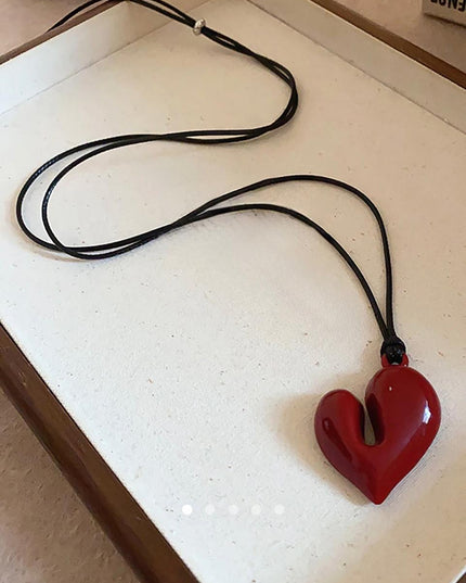 Asymmetric Red Heart Pendant Necklace – Glossy Resin Heart Charm on Cord | Statement Necklace for Women (VT-58)