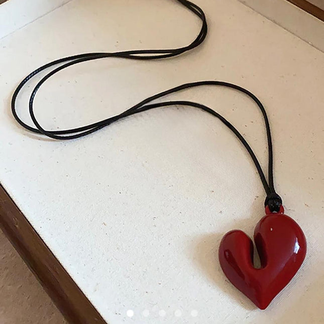 Asymmetric Red Heart Pendant Necklace – Glossy Resin Heart Charm on Cord | Statement Necklace for Women (VT-58)