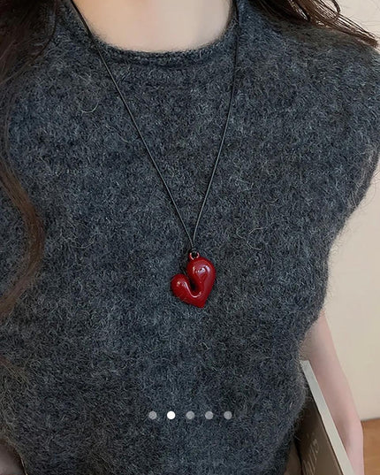 Asymmetric Red Heart Pendant Necklace – Glossy Resin Heart Charm on Cord | Statement Necklace for Women (VT-58)