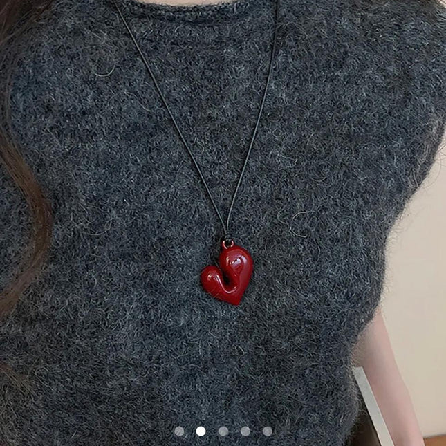 Asymmetric Red Heart Pendant Necklace – Glossy Resin Heart Charm on Cord | Statement Necklace for Women (VT-58)