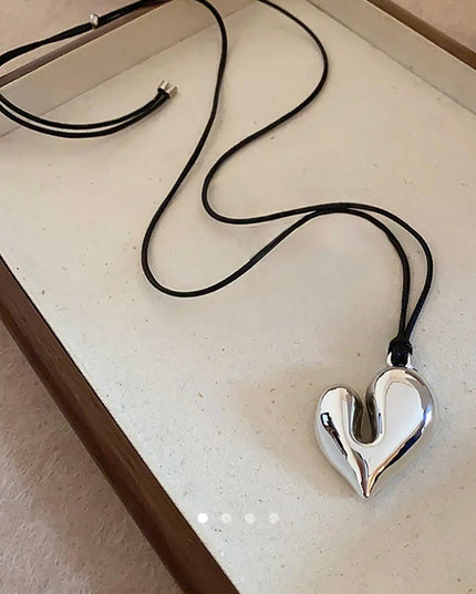 Asymmetric Silver Heart Pendant Necklace – Glossy Metallic Heart Charm on Cord | Statement Necklace for Women (VT-59)