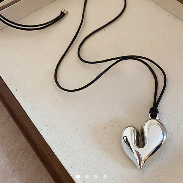 Asymmetric Silver Heart Pendant Necklace – Glossy Metallic Heart Charm on Cord | Statement Necklace for Women (VT-59)