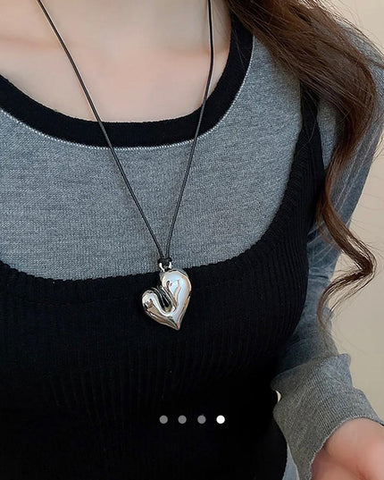 Asymmetric Silver Heart Pendant Necklace – Glossy Metallic Heart Charm on Cord | Statement Necklace for Women (VT-59)
