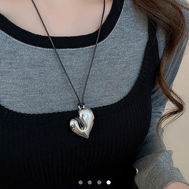 Asymmetric Silver Heart Pendant Necklace – Glossy Metallic Heart Charm on Cord | Statement Necklace for Women (VT-59)