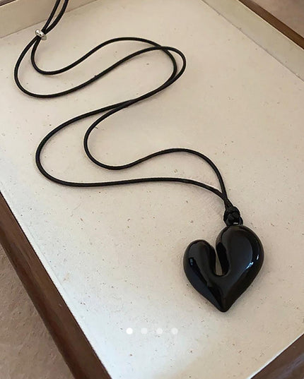 Asymmetric Black Heart Pendant Necklace – Glossy Resin Heart Charm on Cord | Edgy Statement Necklace for Women (VT-60)