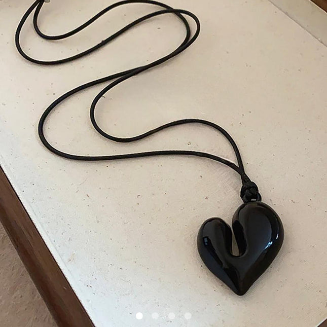 Asymmetric Black Heart Pendant Necklace – Glossy Resin Heart Charm on Cord | Edgy Statement Necklace for Women (VT-60)