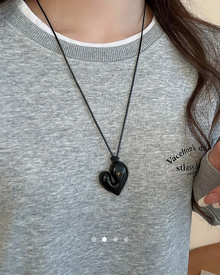 Asymmetric Black Heart Pendant Necklace – Glossy Resin Heart Charm on Cord | Edgy Statement Necklace for Women (VT-60)