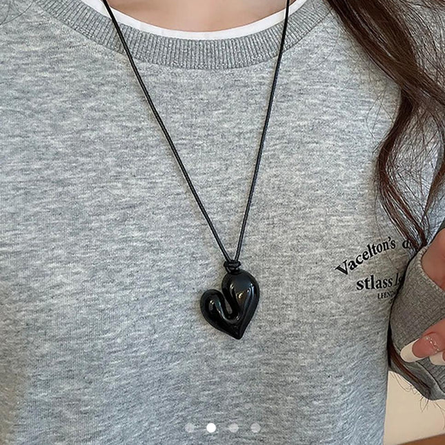 Asymmetric Black Heart Pendant Necklace – Glossy Resin Heart Charm on Cord | Edgy Statement Necklace for Women (VT-60)