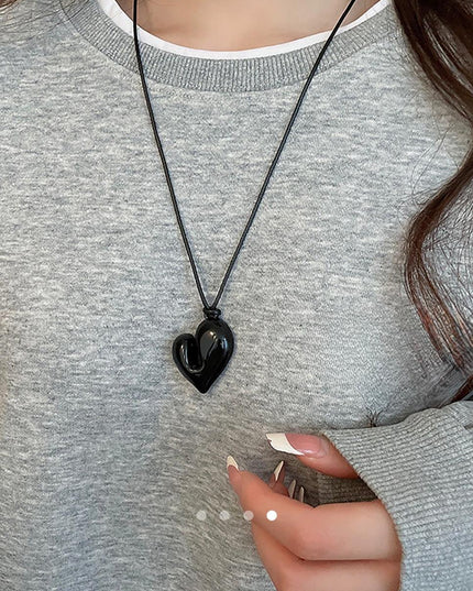Asymmetric Black Heart Pendant Necklace – Glossy Resin Heart Charm on Cord | Edgy Statement Necklace for Women (VT-60)