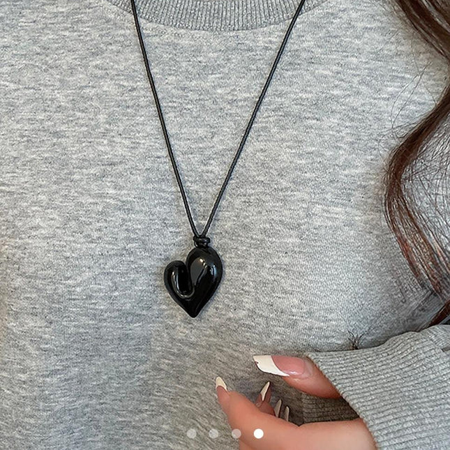 Asymmetric Black Heart Pendant Necklace – Glossy Resin Heart Charm on Cord | Edgy Statement Necklace for Women (VT-60)