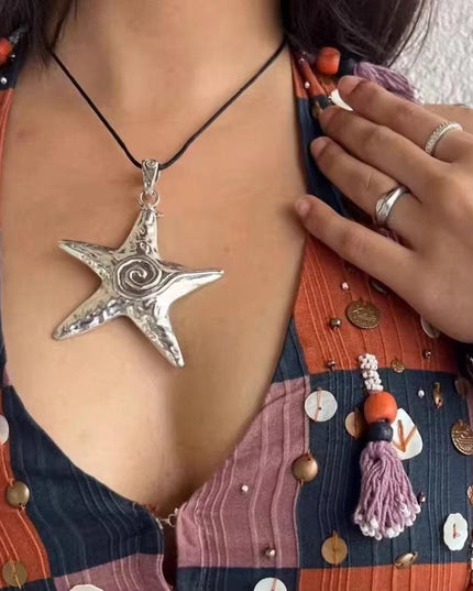 Silver Starfish Pendant Necklace – Hammered Metal Star Charm on Cord | Boho Statement Necklace for Women (VT-61)