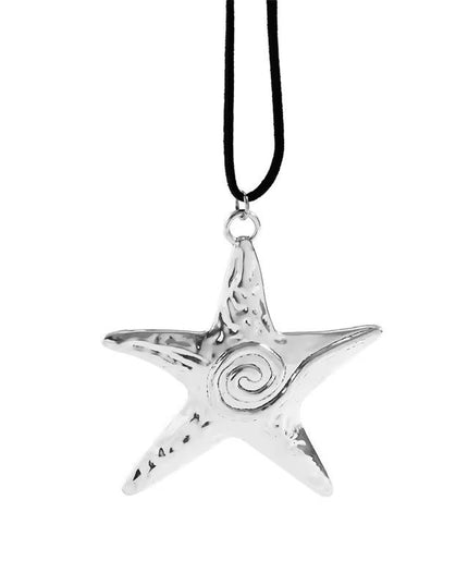 Silver Starfish Pendant Necklace – Hammered Metal Star Charm on Cord | Boho Statement Necklace for Women (VT-61)