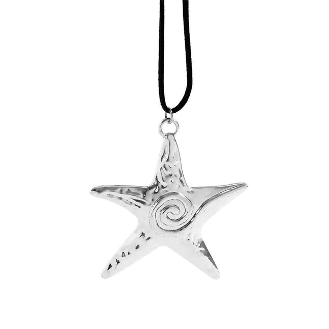 Silver Starfish Pendant Necklace – Hammered Metal Star Charm on Cord | Boho Statement Necklace for Women (VT-61)