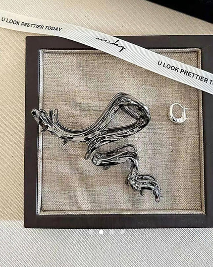 Silver Twisted Snake Hair Claw Clip for Women | Sculpted Metal Wave Hair Clutcher (VT-63)