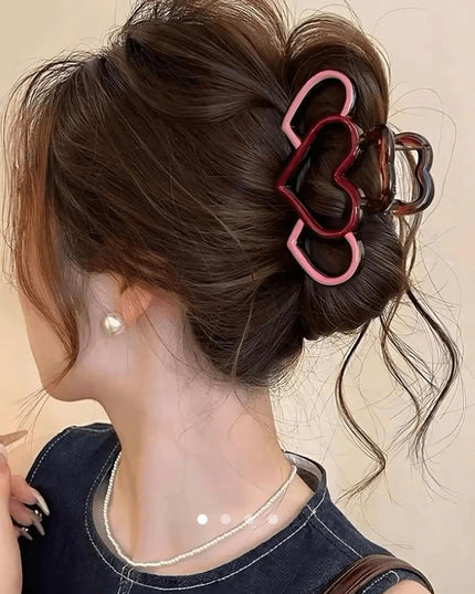 Triple Heart Hair Claw Clip for Women | Pink & Maroon Cute Acrylic Hair Clutcher (VT-64)
