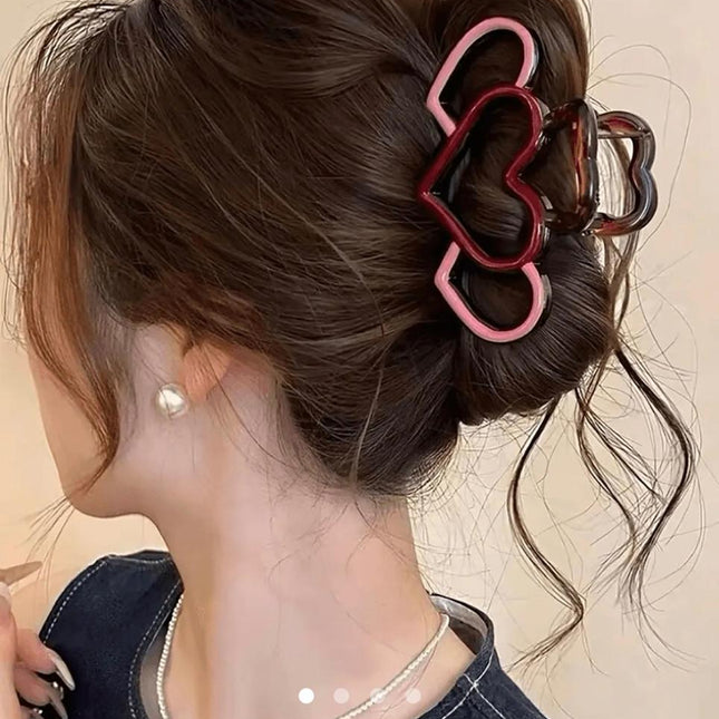 Triple Heart Hair Claw Clip for Women | Pink & Maroon Cute Acrylic Hair Clutcher (VT-64)