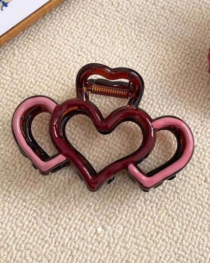 Triple Heart Hair Claw Clip for Women | Pink & Maroon Cute Acrylic Hair Clutcher (VT-64)