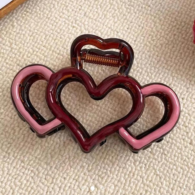 Triple Heart Hair Claw Clip for Women | Pink & Maroon Cute Acrylic Hair Clutcher (VT-64)