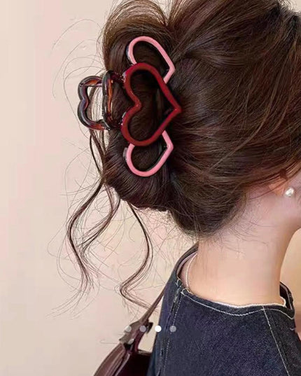 Triple Heart Hair Claw Clip for Women | Pink & Maroon Cute Acrylic Hair Clutcher (VT-64)