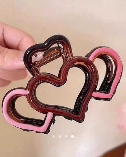 Triple Heart Hair Claw Clip for Women | Pink & Maroon Cute Acrylic Hair Clutcher (VT-64)