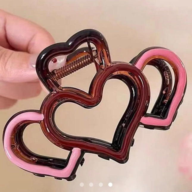 Triple Heart Hair Claw Clip for Women | Pink & Maroon Cute Acrylic Hair Clutcher (VT-64)