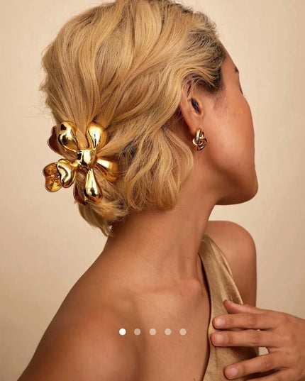 Gold Flower Hair Claw Clip for Women | Metallic Floral Statement Hair Clutcher
