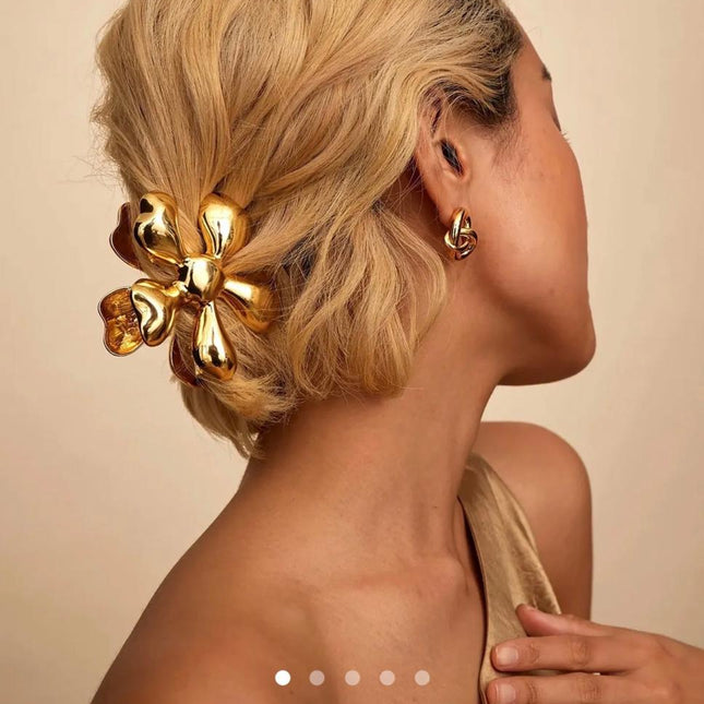 Gold Flower Hair Claw Clip for Women | Metallic Floral Statement Hair Clutcher