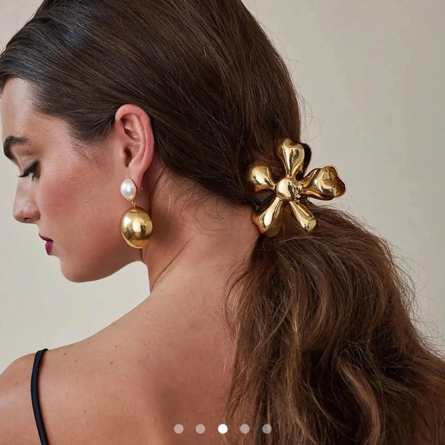 Gold Flower Hair Claw Clip for Women | Metallic Floral Statement Hair Clutcher