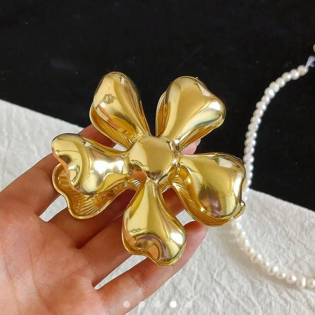 Gold Flower Hair Claw Clip for Women | Metallic Floral Statement Hair Clutcher