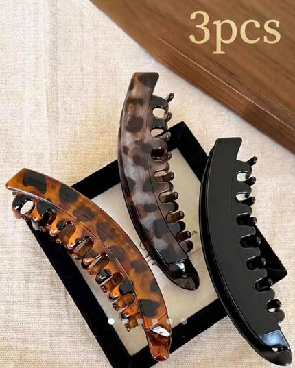 Banana Hair Clip Set of 3 | Leopard Print & Black Acrylic Hair Clutcher Combo for Women (VT-66)
