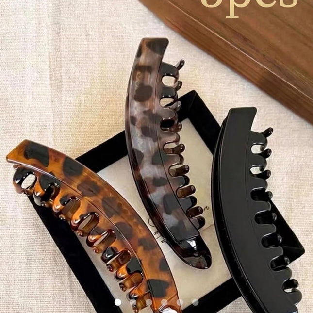 Banana Hair Clip Set of 3 | Leopard Print & Black Acrylic Hair Clutcher Combo for Women (VT-66)