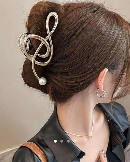Silver Treble Clef Hair Claw Clip with Pearl | Music Note Metal Hair Clutcher for Women (VT-67)