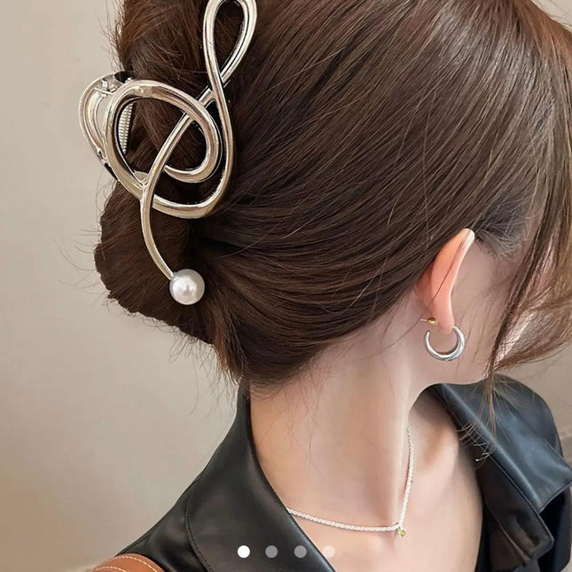 Silver Treble Clef Hair Claw Clip with Pearl | Music Note Metal Hair Clutcher for Women (VT-67)