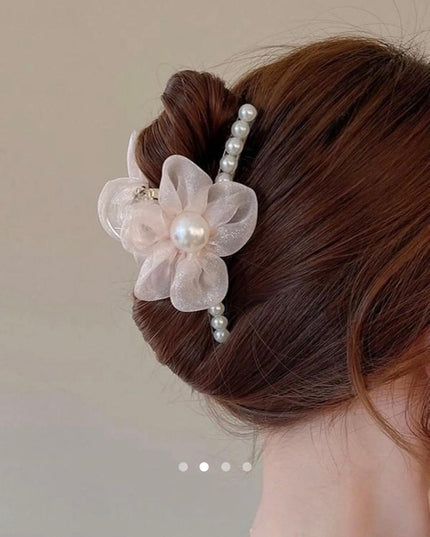 Pink Organza Flower Hair Clip with Pearls | Fairy Floral Hairpin for Women & Girls (VT-68)