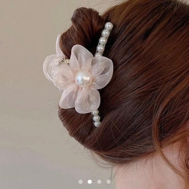 Pink Organza Flower Hair Clip with Pearls | Fairy Floral Hairpin for Women & Girls (VT-68)