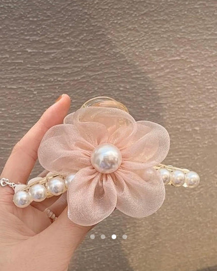 Pink Organza Flower Hair Clip with Pearls | Fairy Floral Hairpin for Women & Girls (VT-68)
