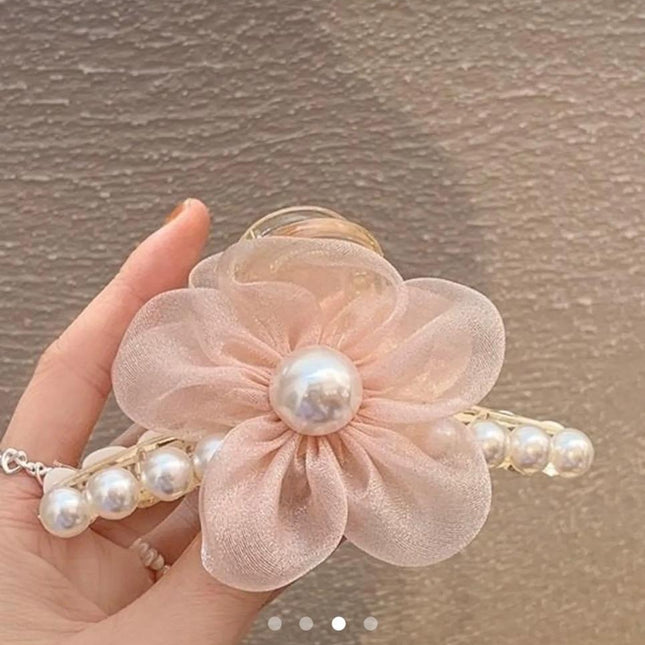Pink Organza Flower Hair Clip with Pearls | Fairy Floral Hairpin for Women & Girls (VT-68)