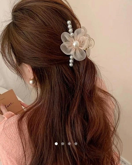 Pink Organza Flower Hair Clip with Pearls | Fairy Floral Hairpin for Women & Girls (VT-68)