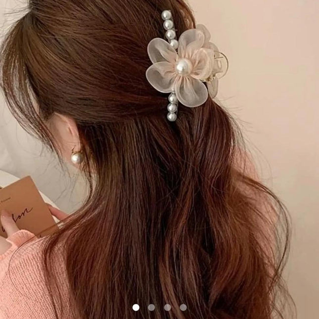 Pink Organza Flower Hair Clip with Pearls | Fairy Floral Hairpin for Women & Girls (VT-68)